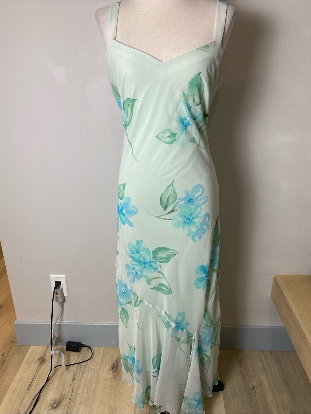 R&M Richards Mint Green Floral Maxi Slip Dress Fairy Core Romantic Ruffled 10